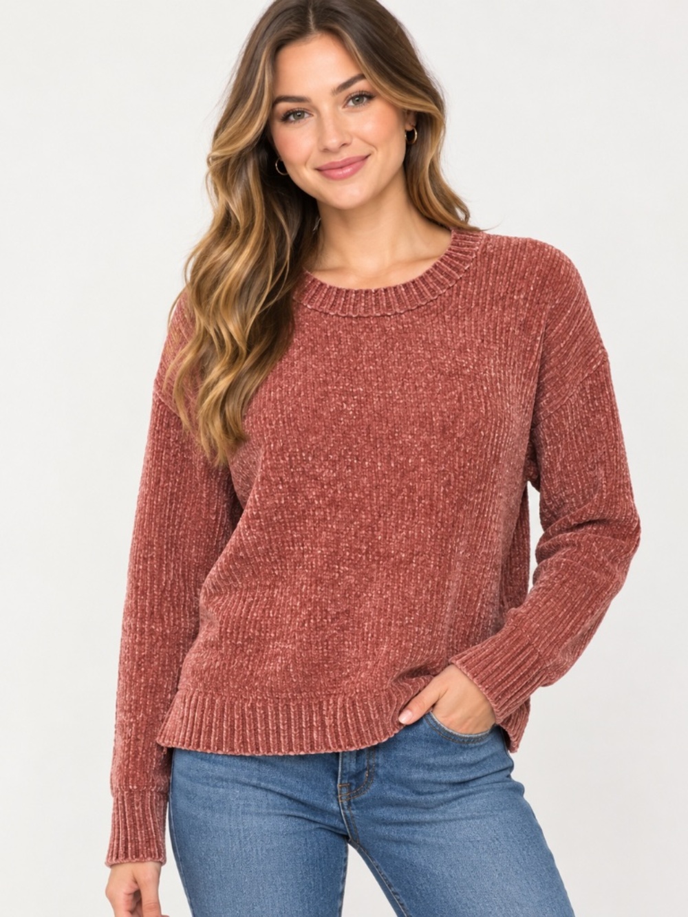 Womens Medium Rust Chenille Crewneck Sweater